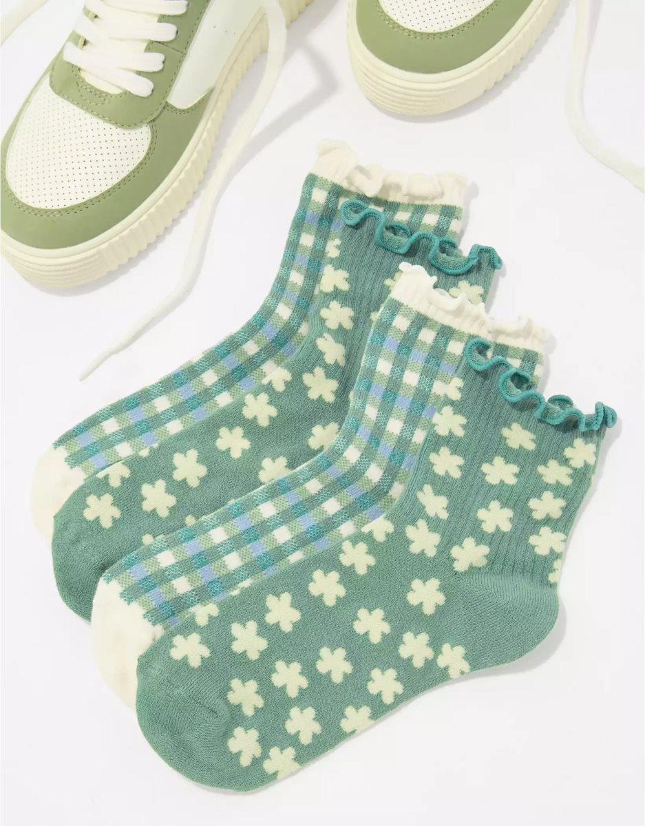 Chaussettes American Eagle AE Daisy Gingham Ruffle Boyfriend Sock 2-Pack Vert Olive Femme | MXX-27734735